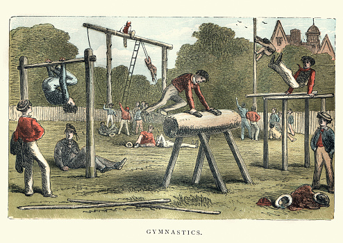 Vintage engraving of Victorian boys practicing gymnastics, Pommel Horse, Parallel Bars and Horizontal Bar, 19th Century