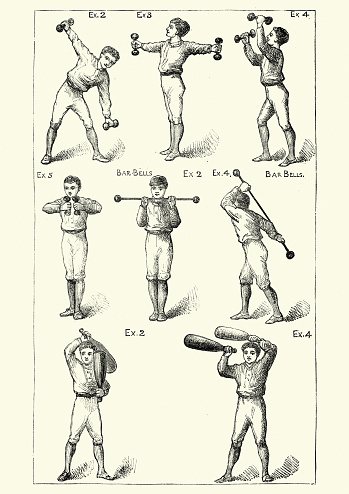 Vintage engraving of Victorian boys working out with dumbbells and weights, 19th Century