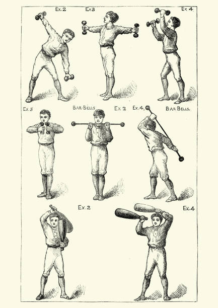 Victorian boys working out with dumbbells and weights Vintage engraving of Victorian boys working out with dumbbells and weights, 19th Century vintage sports stock illustrations
