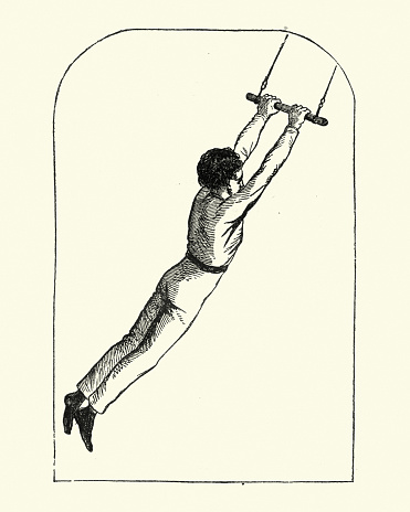 Vintage engraving of a Victorian boy swinging on a trapeze