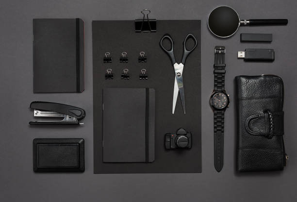 istock Workplace with office items and business elements on a desk. Concept for branding. Top view 671713698