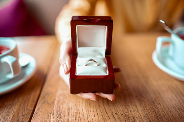 istock Female person hand with golden wedding ring 671716592