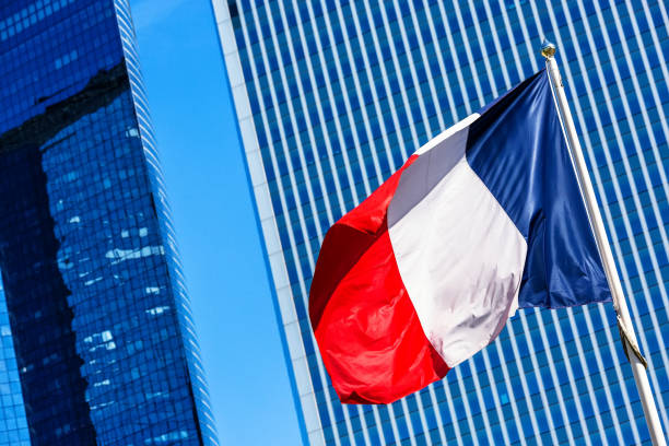 French flag with business building on background French flag with business building on background cac40 stock pictures, royalty-free photos & images