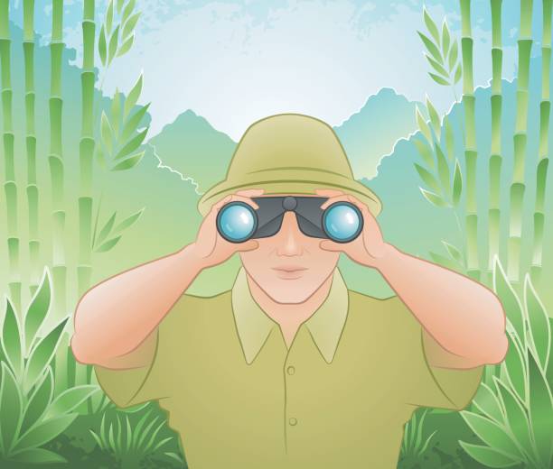 ilustraciones, imágenes clip art, dibujos animados e iconos de stock de el viajero de la selva - pursuit binoculars mountain sky