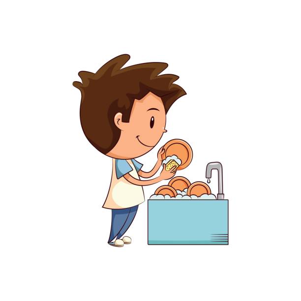illustrations, cliparts, dessins animés et icônes de vaisselle de lavage d’enfant - faire la vaisselle