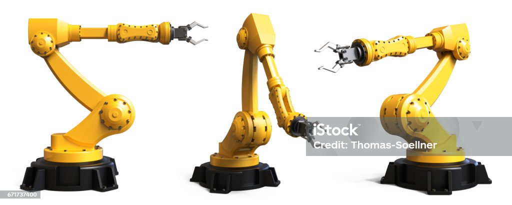 Industrial robots Different industrial robots isolated on white background 3D rendering Robotic Arm Stock Photo