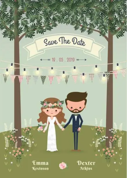Vector illustration of Rustic bohemian cartoon couple wedding invitation card in the forest
