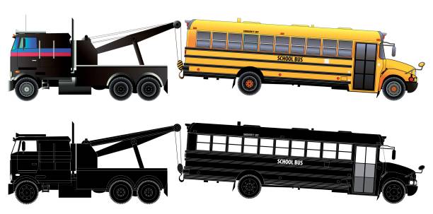 ilustrações de stock, clip art, desenhos animados e ícones de tow truck and school bus. side view. vector - car transporter semi truck isolated on white truck