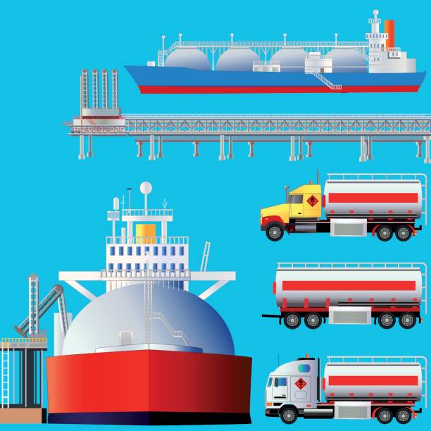 LNG terminal, tankers and trucks. LNG terminal, tankers and trucks. Vector illustration. Flat style. side-view icons. Isolated on blue. lng liquid natural gas stock illustrations