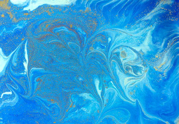 istock Blue and golden liquid texture. Watercolor hand drawn marbling illustration. Ink marble background. 671760942