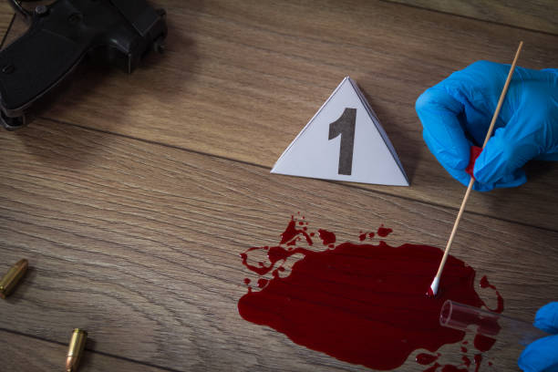 법의학 전문가는 범죄 ��현장에서 혈액 샘플을 채취합니다. - blood human hand women murder 뉴스 사진 이미지