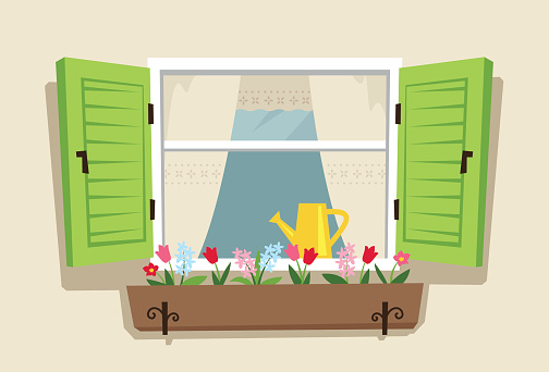Cute spring window with flowers and green shutters.