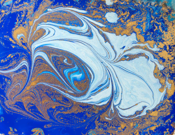 istock Blue and golden liquid texture. Watercolor hand drawn marbling illustration. Ink marble background. 671773696