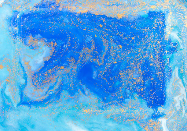 istock Blue and golden liquid texture. Watercolor hand drawn marbling illustration. Ink marble background. 671776160