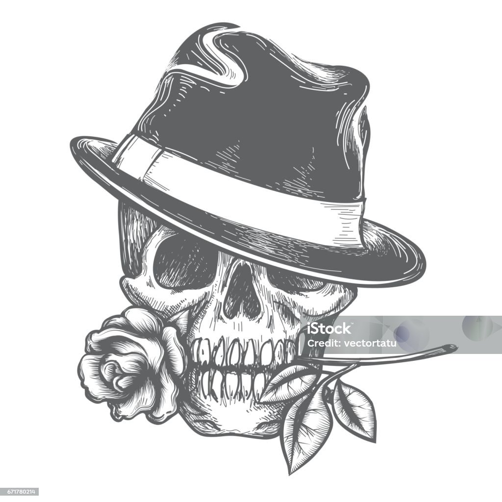 Skull in hat with rose flower Skull in hat with rose flower in the mouth vector illustration. Vector hand drawn human skulls tatoo isolated on white background Skull stock vector