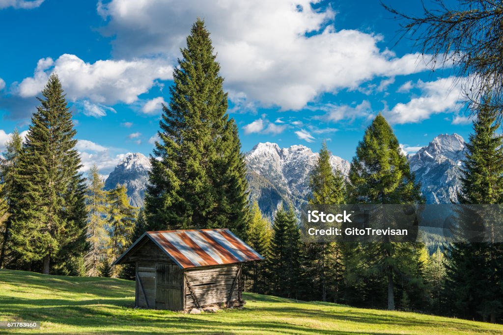 Typical cabin leads to Passo Sant'Antonio in the Dolomites Belluno Stock Photo