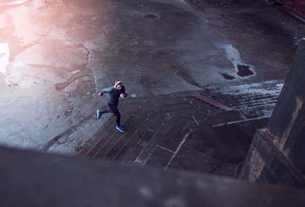 aerial view of an athletic man running