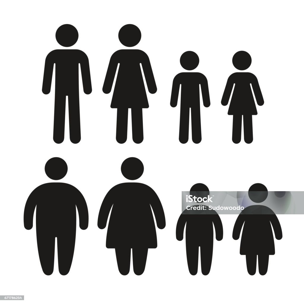 Healthy and obese icon set Healthy weight and obese people icon set. Man, woman and children, overweight family problem. Simple flat vector symbols. Icon Symbol stock vector