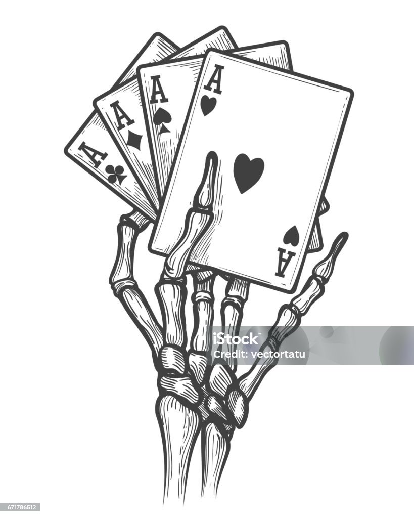 Skeleton hand with four aces Black jack bones hand vector illustration. Engraving skeleton hand with four aces Playing Card stock vector
