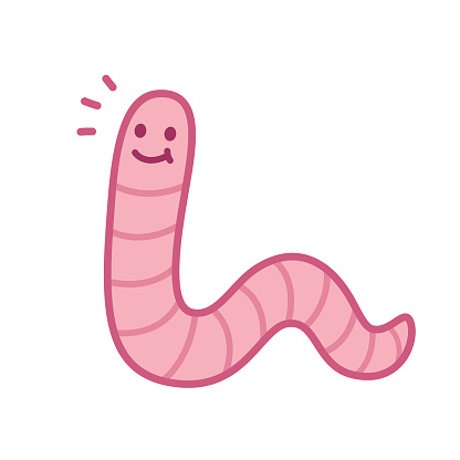 Cute cartoon smiling worm drawing. Little pink earthworm isolated vector illustration.
