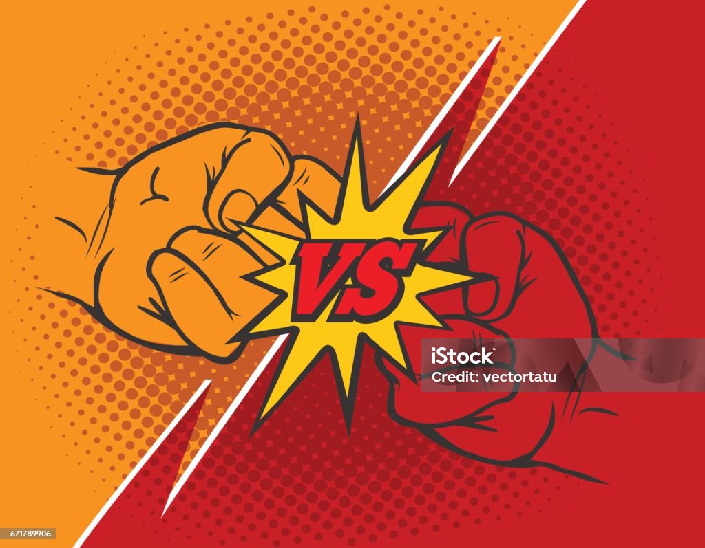 Versus rivalry fist background Versus rivalry fist vector background. Boxer punching or clashing fists for disagreement battle Rivalry stock vector