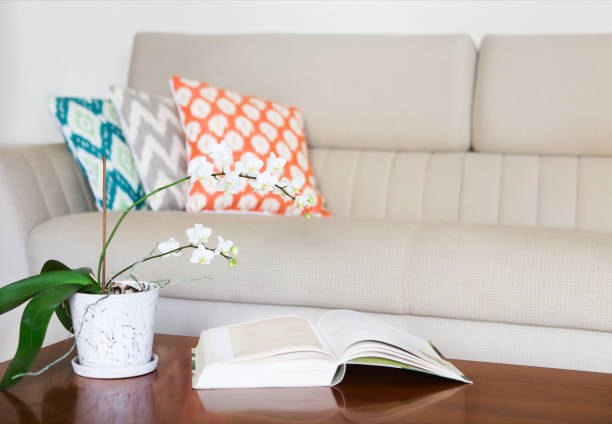 istock Beautiful white orchid and opened book on wooden table 671790778