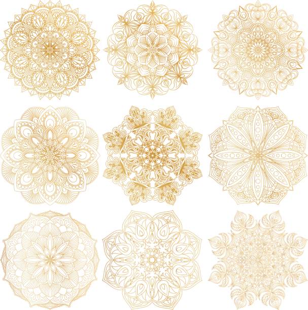 ilustrações de stock, clip art, desenhos animados e ícones de set of 9 hand-drawn vector arabic mandala on white background. ethnic decorative ornament. gold contour mandala symbols for coloring page. - mandala circle hinduism pattern