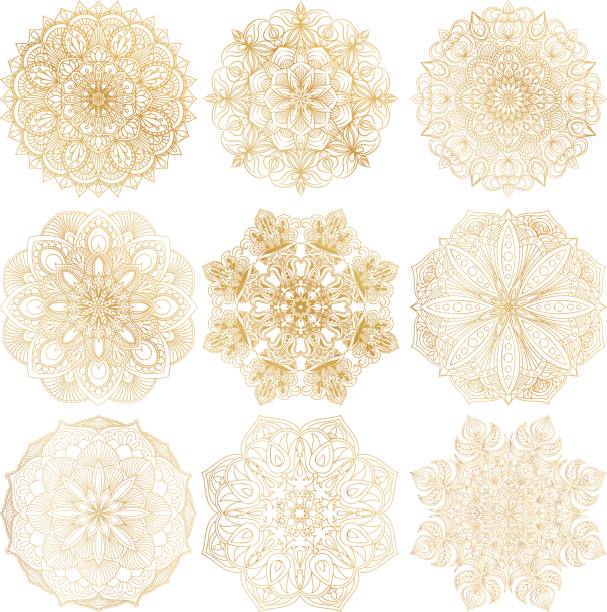 Set of 9 hand-drawn vector Arabic mandala on white background. Ethnic decorative ornament. Gold contour mandala symbols for coloring page. Set of 9 hand-drawn vector Arabic mandala on white background. Ethnic decorative ornament. Gold contour mandala symbols for coloring page. Round abstract oriental ornament for cards, textile prints. chakra illustrations stock illustrations