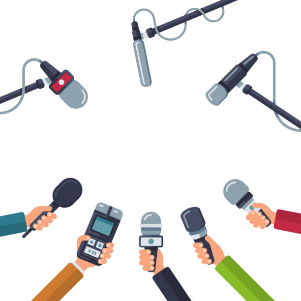 Hands holding microphones, press conference vector concept Hands holding microphones, press conference vector. Concept media press, reporter with dictaphone illustration microphone illustrations stock illustrations