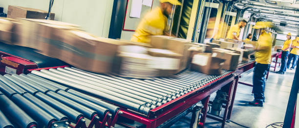 Postal workers inspecting packages on a conveyor belt Group of distribution warehouse workers sorting packages that are moving on a conveyor belt. Blurred motion. distribution warehouse stock pictures, royalty-free photos & images
