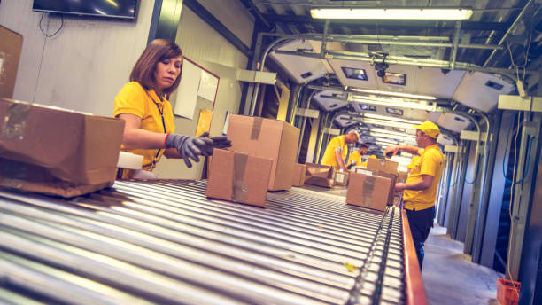 istock Postal workers inspecting packages on a conveyor belt 671800852