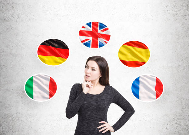 istock Woman in a dress and five flags 671802902
