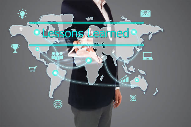 istock businessman pressing lessons learned button on virtual screens. education concept 671803572