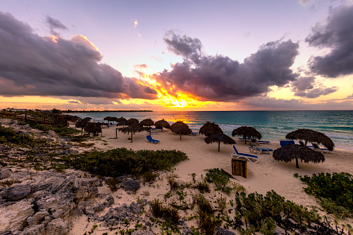 Cayo Largo, Cuba, Latin America, Summer, Tropical Climate,Beach Umbrellas made of palm leafs on exotic beach