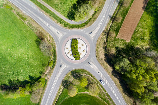 istock Traffic circle, roundabout - aerial view 671816432