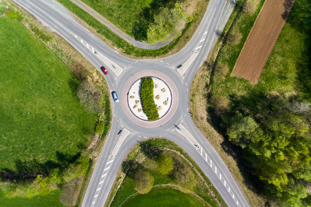 istock Traffic circle, roundabout - aerial view 671816552
