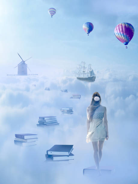 istock Woman walking down the book pass above clouds with windmill old ship in horizon 671826006