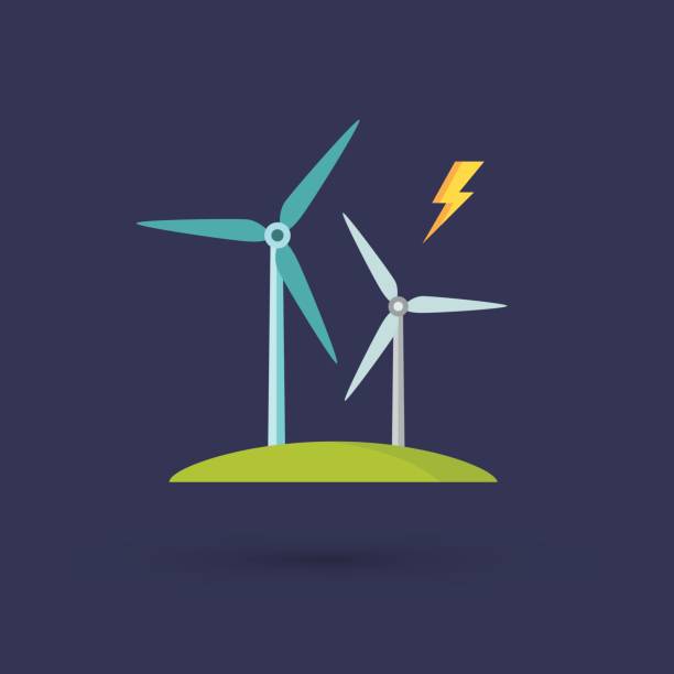 illustrazioni stock, clip art, cartoni animati e icone di tendenza di mulini a vento per la produzione di energia elettrica - energia eolica