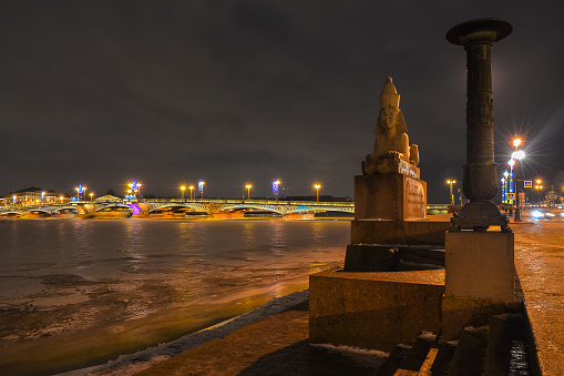 Egyptian Sphinx on the background of the bridge across the river Neva