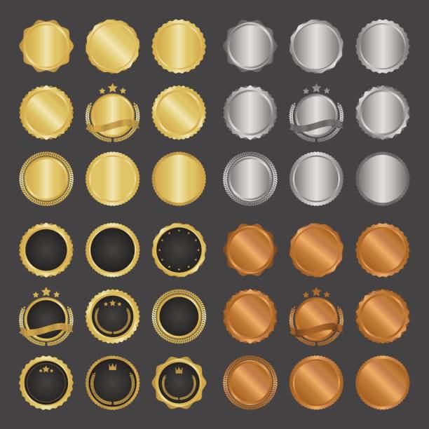 Collection of modern, gold circle metal badges, labels and design elements. Vector illustration. Collection of modern, gold circle metal badges, labels and design elements. Vector illustration. gold medal stock illustrations