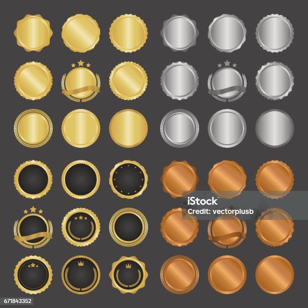 Collection Of Modern Gold Circle Metal Badges Labels And Design Elements Vector Illustration Stock Illustration - Download Image Now