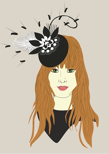 An original digitally drawn illustration of a woman wearing a fascinator hat