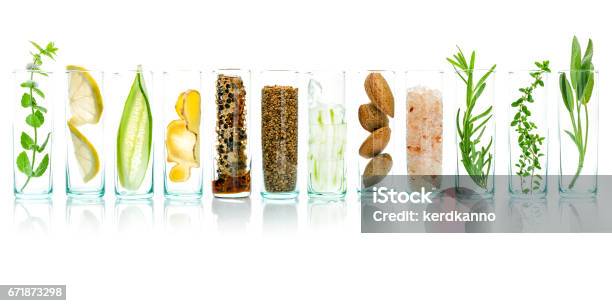 Homemade Skin Care With Natural Ingredients Aloe Vera Lemon Cucumber Himalayan Salt Peppermint Rosemary Almonds Cucumber Ginger And Honey Pollen Isolated On White Background Stock Photo - Download Image Now