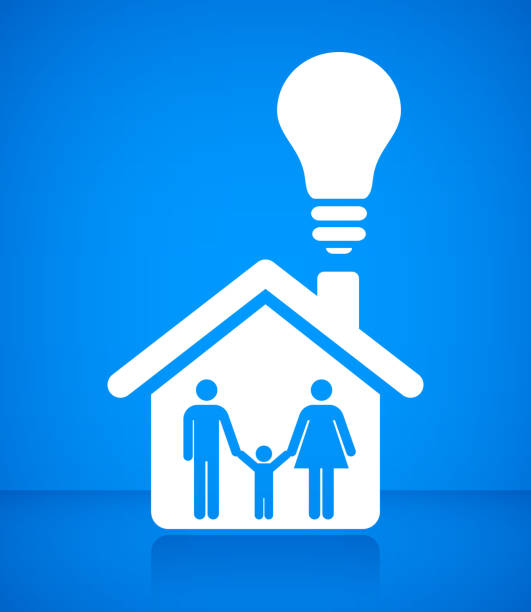 family home glühbirne konzeptionelle vektor-illustration - light bulb blue energy fuel and power generation stock-grafiken, -clipart, -cartoons und -symbole