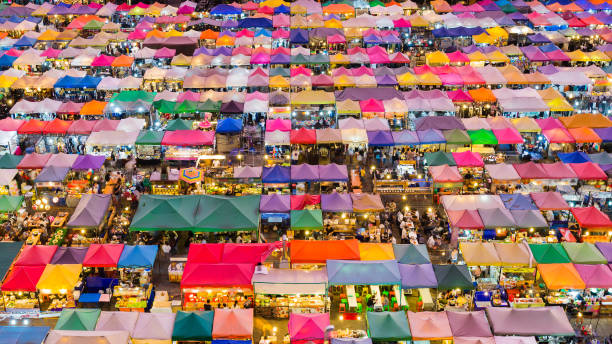 istock Top view multiple colour night market roof top 671876394