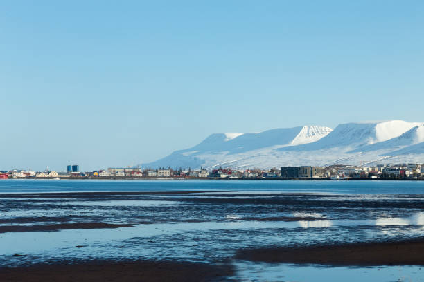 Iceland cityscape over seacoast with show covered mountain