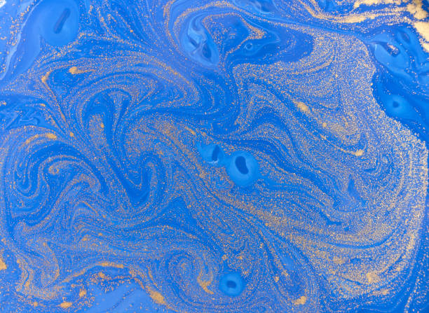 istock Blue and golden liquid texture. Watercolor hand drawn marbling illustration. Ink marble background. 671876786