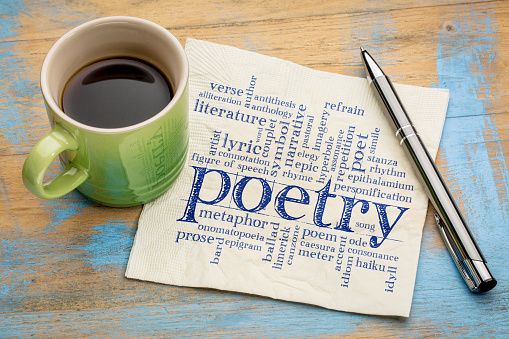 poetry word cloud on napkin with coffee