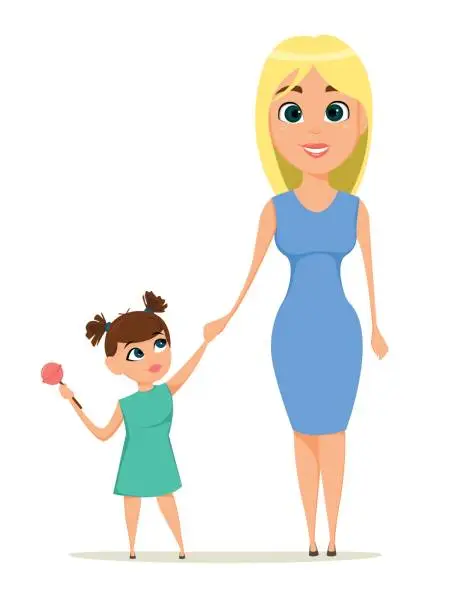 Vector illustration of Happy mother's day greeting card. Mother holding her daughter hand. Best mom, mum ever cute. Daughter with tasty candy. Mother, Love, Children - stock vector