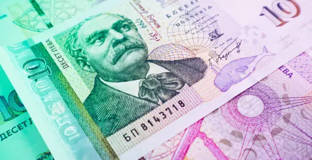Photo of Photo depicts the Bulgarian currency banknote, 10 leva, BGN, close up. Modern filter